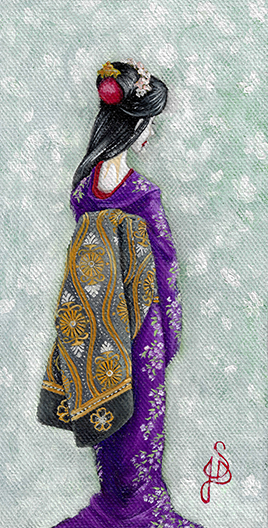 Geisha de dos, kimono violet et obi gris et doré - huile sur toile de coton