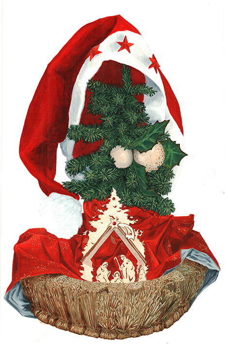 Composition sur le thème de Noël : mini sapin, bonnet rouge, papier cadeau, crèche en bois et corbeille e paille - Acrylique sur papier