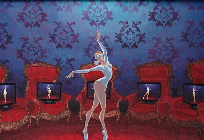 Danseuse entourée d'écrans qui l'observent - Acrylique sur toile de lin