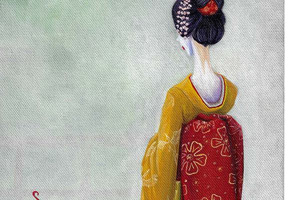 Geisha de dos, kimono jaune et obi rouge - huile sur toile de coton