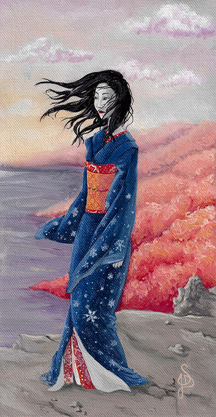Geisha aux cheveux dans le vent, kimono bleu foncé et obi orange et rouge - Huile sur toile de coton