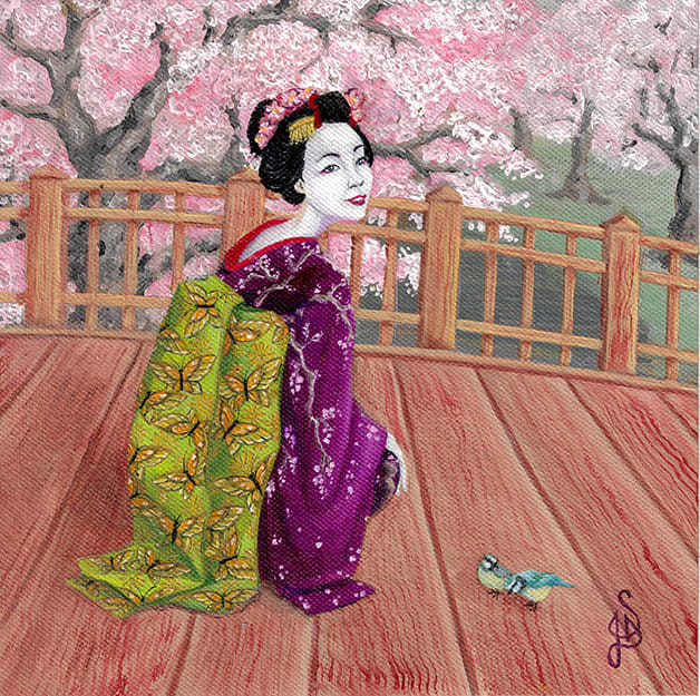 Geisha souriante, accroupie devant deux mésanges, kimono violet et obi vert - huile sur toile de coton