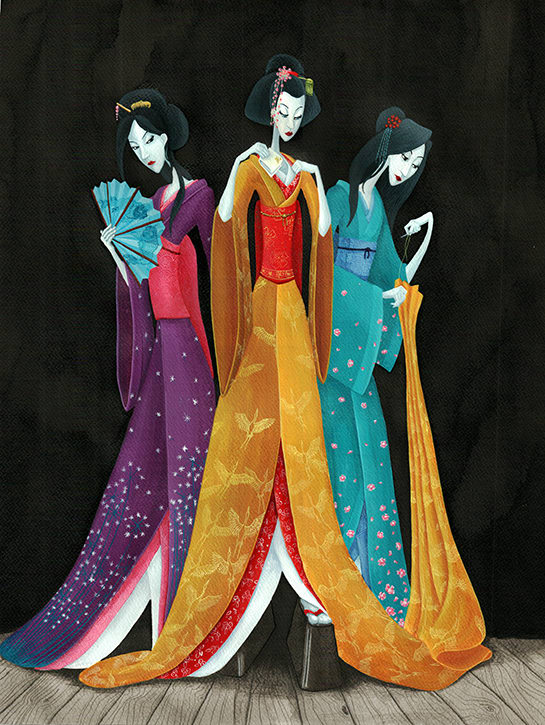 Trois geishas inspirées du livre Geisha d'Arthur Golden - Encres acryliques et encre de Chine sur papier