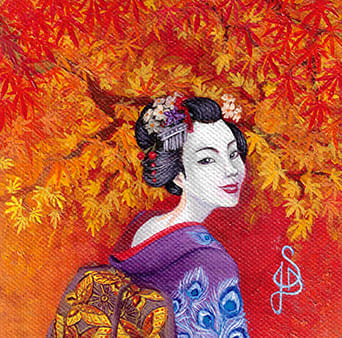 Geisha souriante devant une branche d'érable japonais, kimono violet et obi violet - Huile sur toile de coton