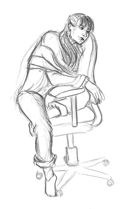 Croquis d'une femme assise sur une chaise de bureau - Pierre noire sur papier