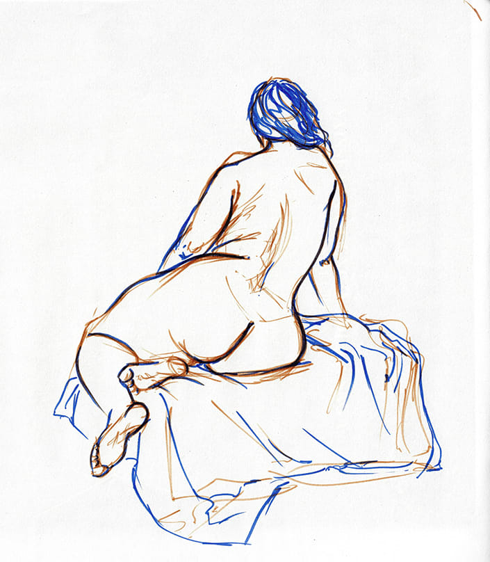 Croquis de femme assise sur la hanche, de dos - feutres sur papier blanc
